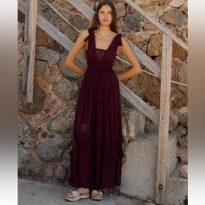 Free People Santa Maria Maxi Dress Decadent Maroon Plum Wine XS NWT NEW